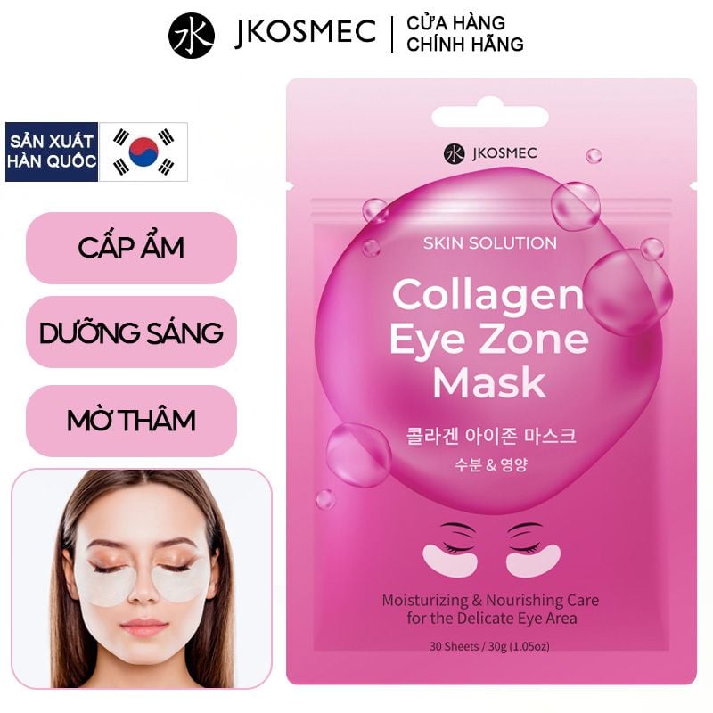 Mặt Nạ Mắt Cấp Ẩm, Hỗ Trợ Làm Sáng, Cải Thiện Quầng Thâm Mắt Jkosmec Skin Solution Collagen Eye Zone Mask (30 miếng)